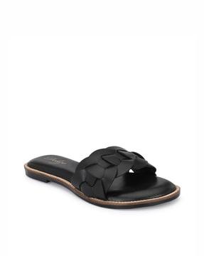 slip-on flat sandals with genuine leather upper