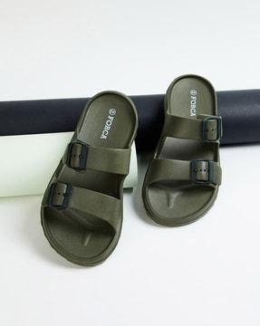 slip-on flip flops with buckle fastening strap