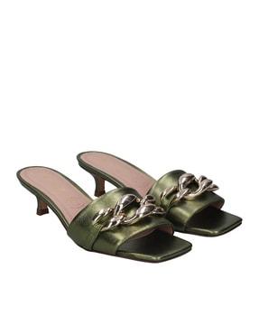 slip-on kitten heeled sandals with metal accent