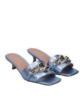 slip-on kitten heeled sandals with metal accent