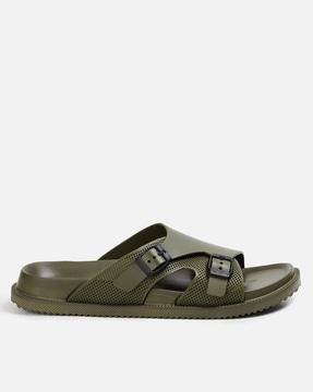 slip-on slides with buckle-accent
