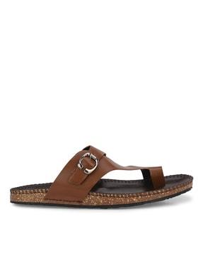 slip-on toe-ring flip-flops with buckle closure