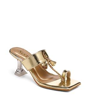 slip-on toe-ring kitten heeled sandals with tassels