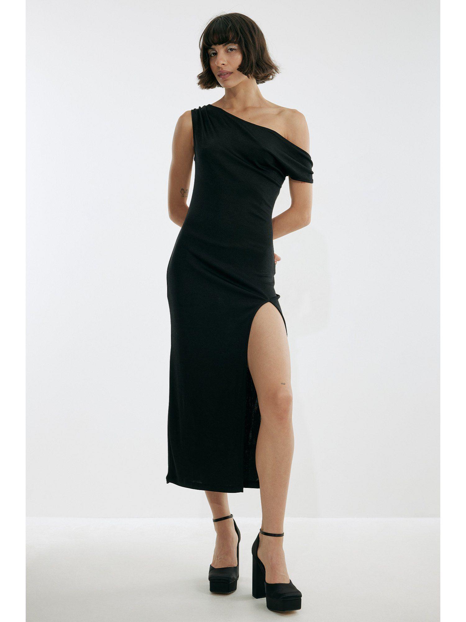 slip shoulder high slit dress-black