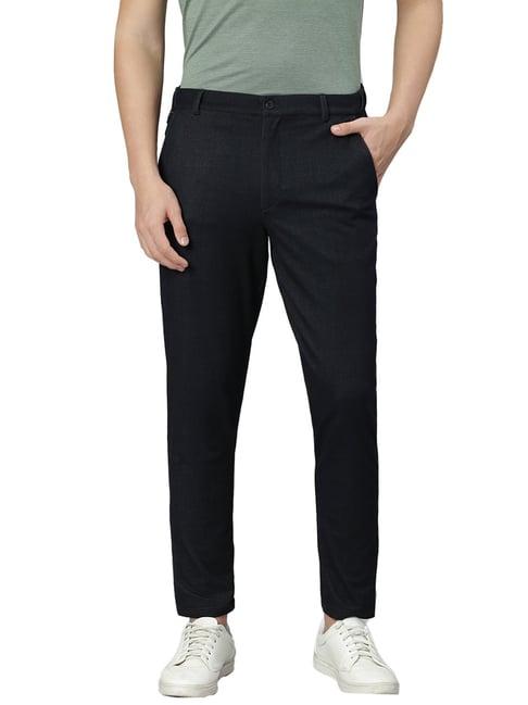 slowave black regular fit denim flat front trousers