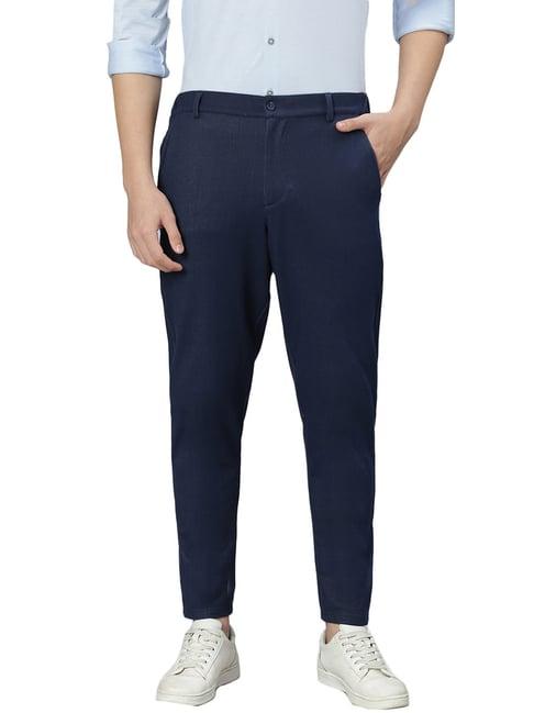 slowave navy regular fit denim flat front trousers