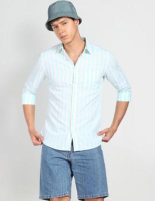 slub vertical stripe spread collar casual shirt