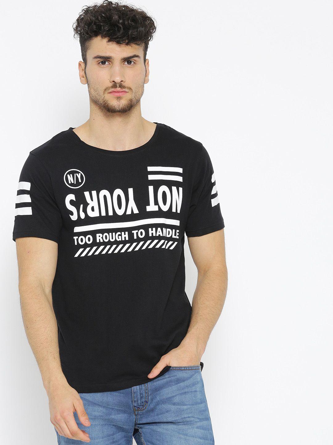 slub men black printed round neck pure cotton t-shirt