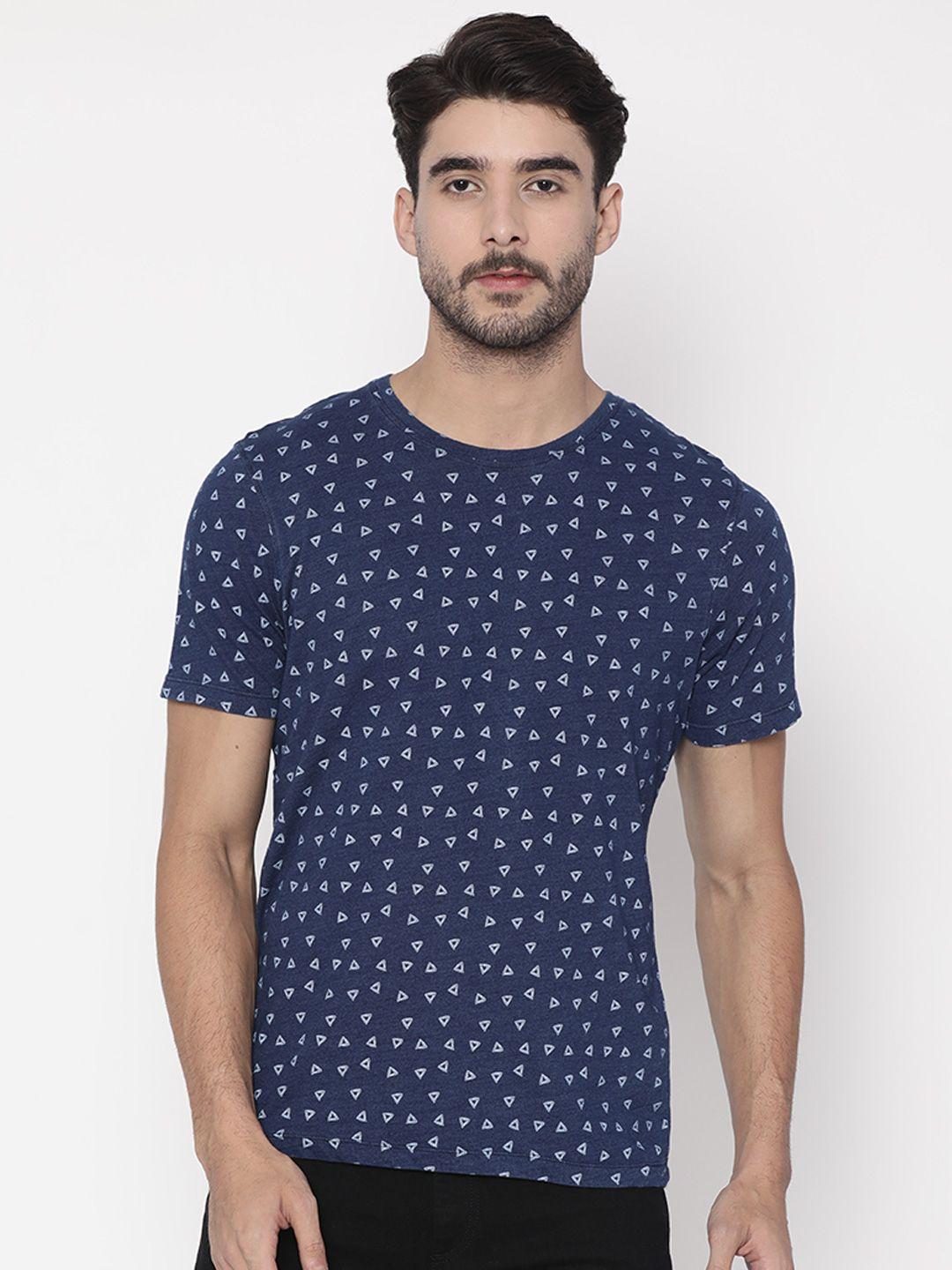 slub men blue printed round neck t-shirt