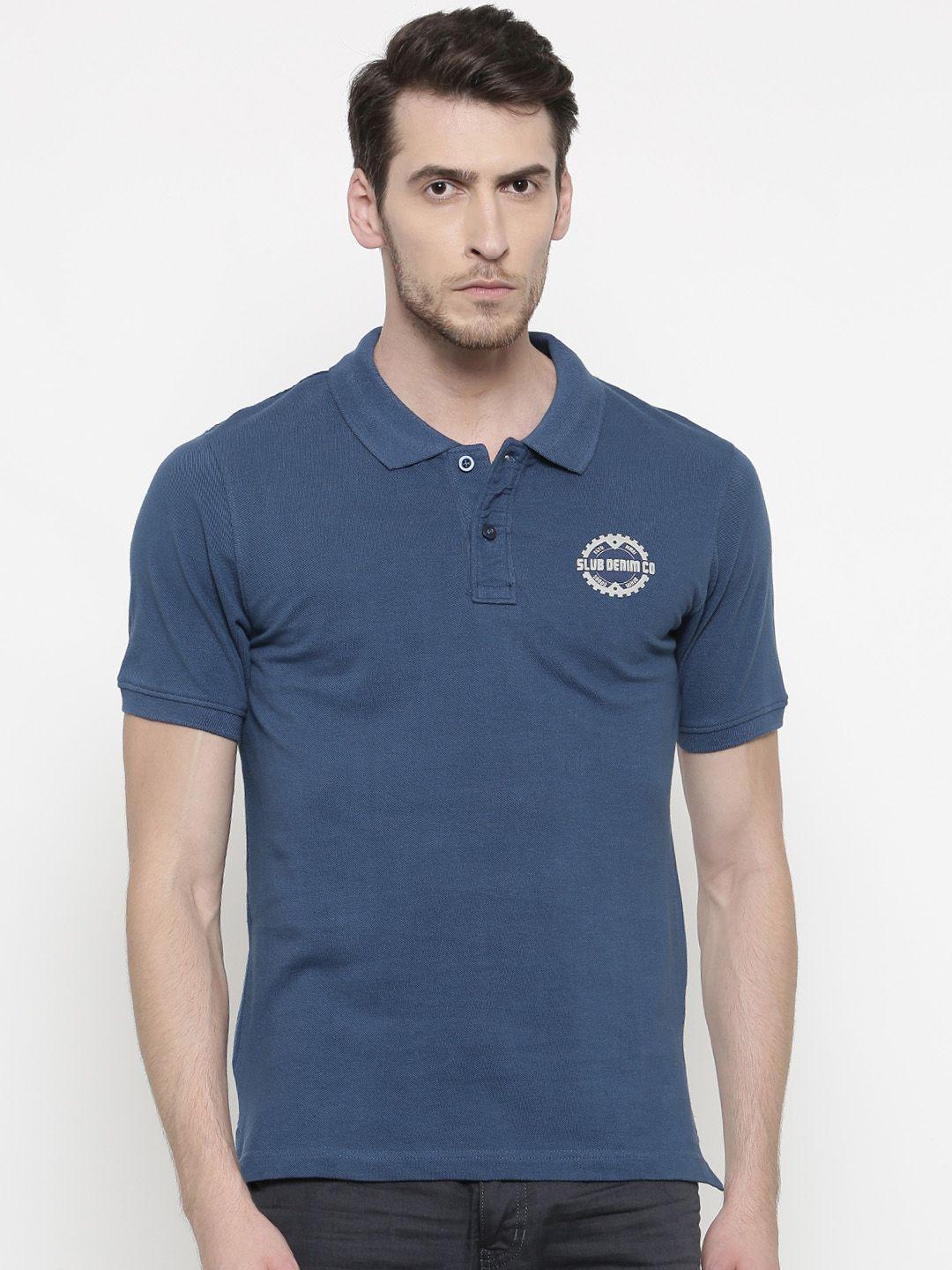 slub men blue slim fit solid polo collar t-shirt