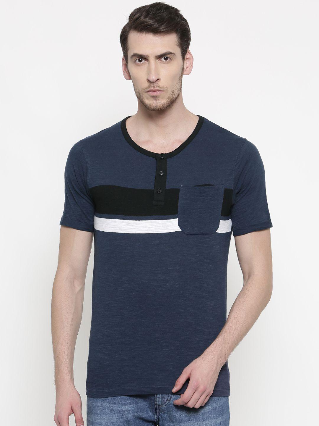slub men navy blue slim fit striped henley neck t-shirt