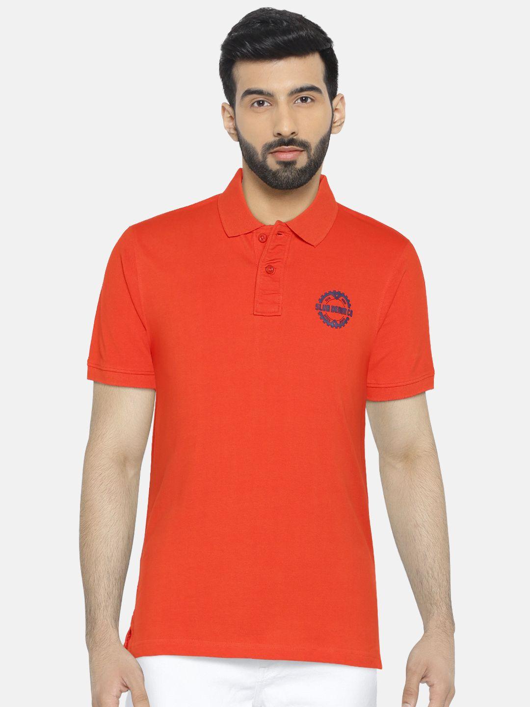 slub men orange slim fit solid polo collar t-shirt