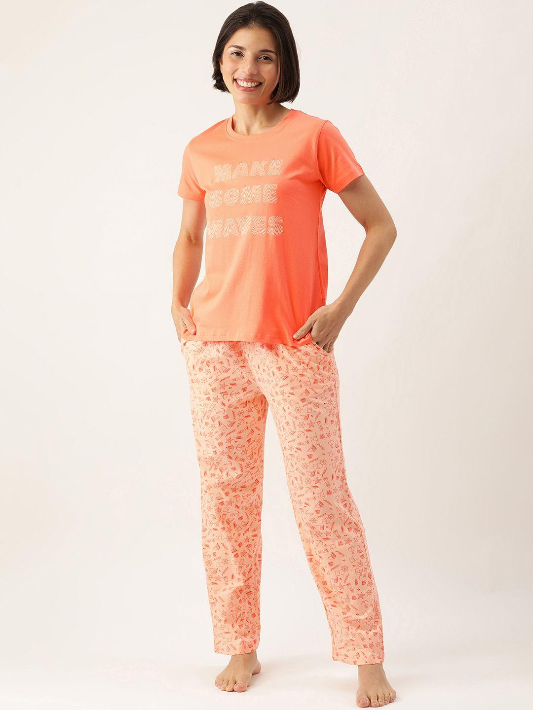 slumber jill women coral orange pure cotton conversational printed pyjama set