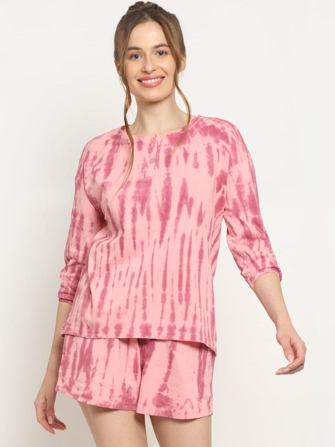 slumber jill women pink tie and dye printed pure cotton night suit