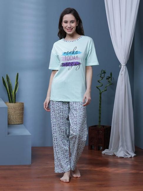slumber jill aqua blue printed t-shirt with lounge pants