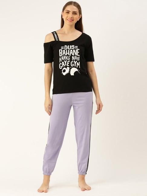 slumber jill black & lavender printed top with lounge pants