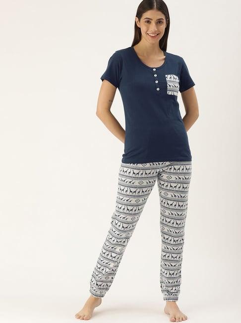 slumber jill blue & white printed top with pyjamas