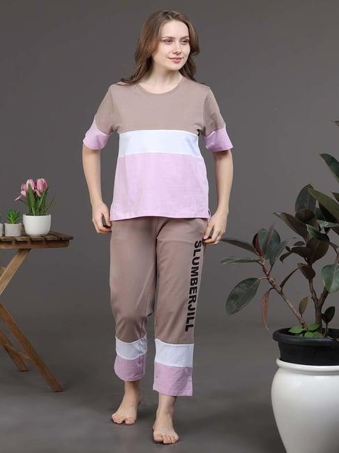 slumber jill brown & pink color-block t-shirt with lounge pants