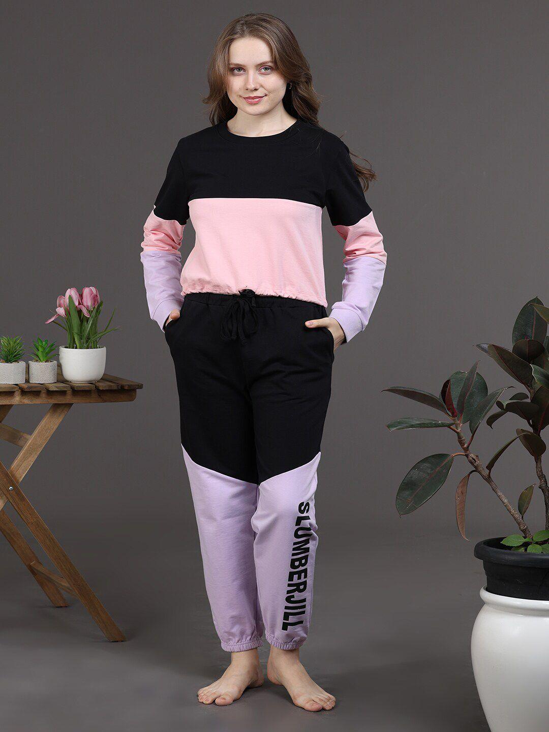 slumber jill colourblocked pure cotton comfort fit sweatshirt & joggers co-ords