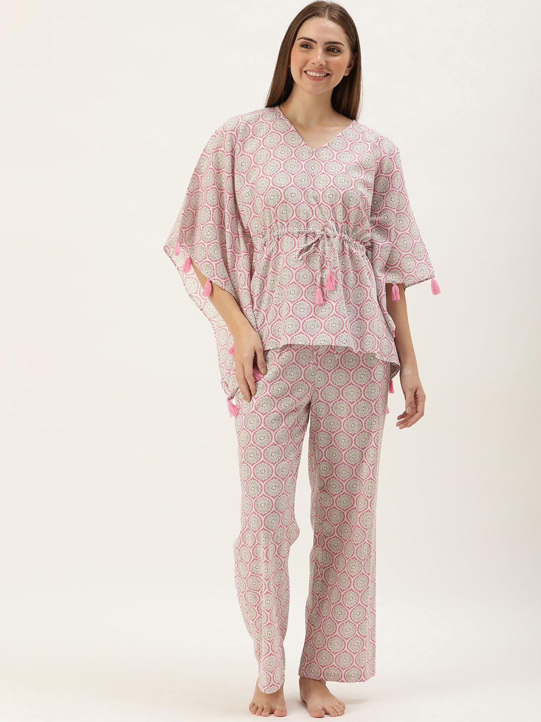 slumber jill ethnic motifs printed pure cotton kaftan night suit