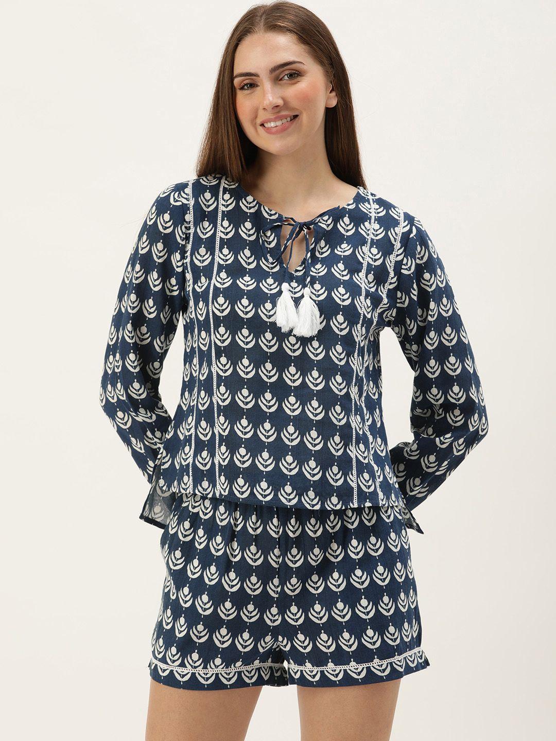 slumber jill ethnic motifs printed tie-up neck pure cotton night suit