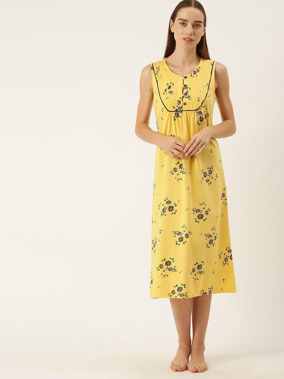 slumber jill mustard floral printed pure cotton nightdress