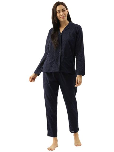 slumber jill navy cotton self pattern shirt & pyjama set