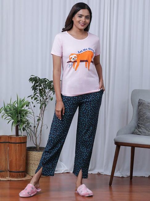 slumber jill pink & blue printed t-shirt with lounge pants