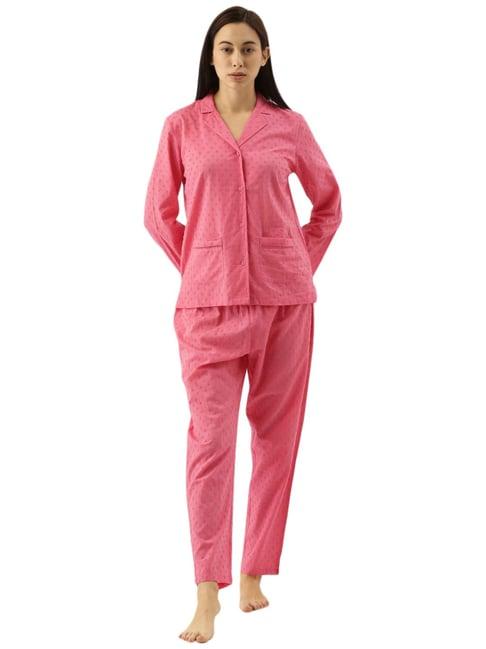 slumber jill pink cotton self pattern shirt & pyjama set