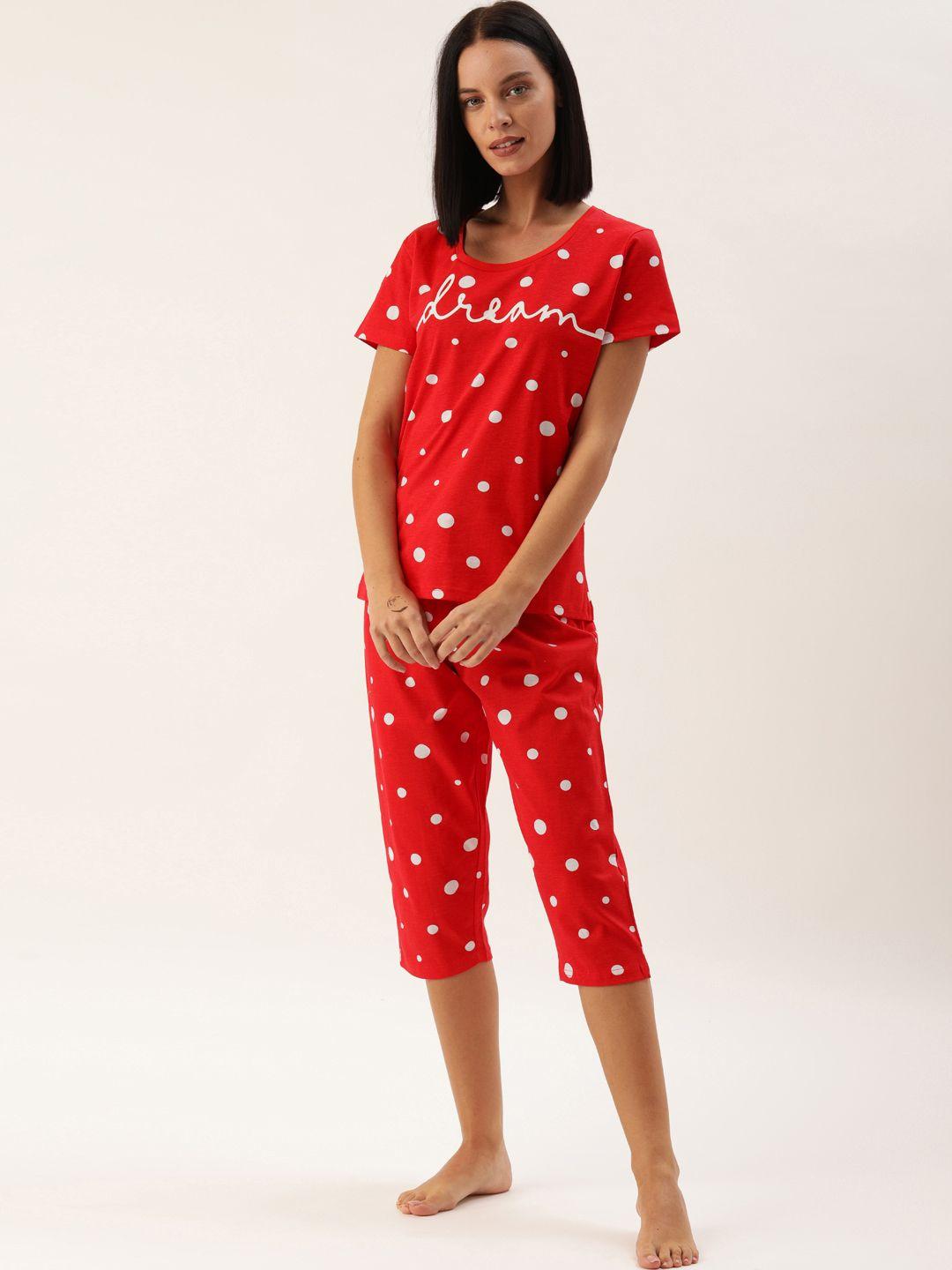 slumber jill women 2 pc red & white polka dots printed night suit set