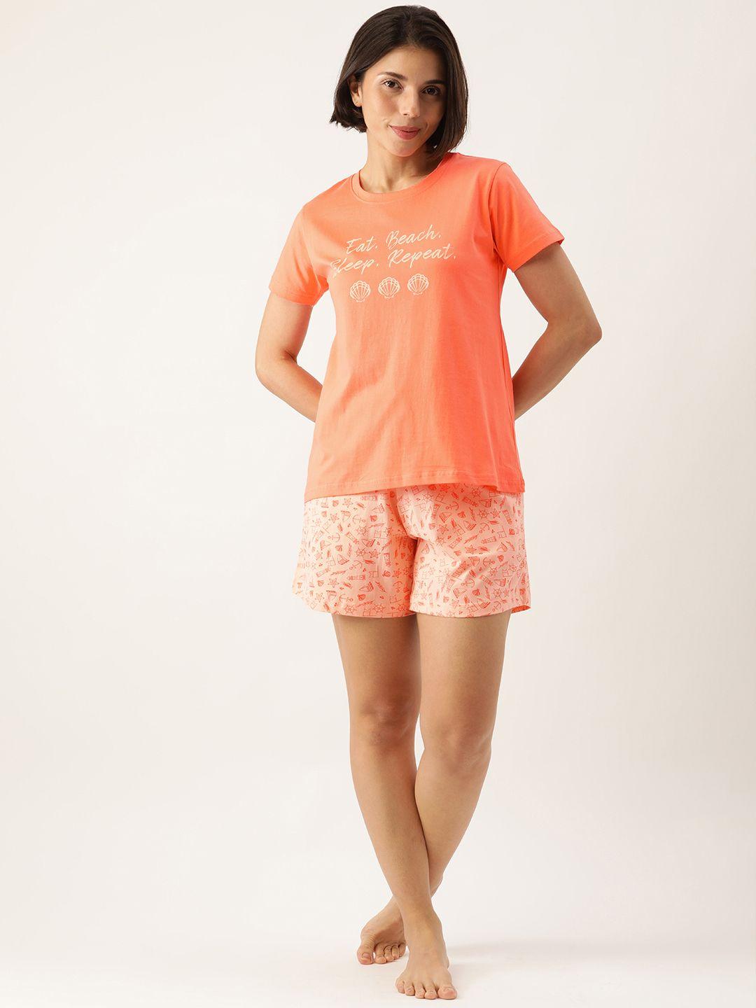 slumber jill women coral orange pure cotton conversational printed shorts set