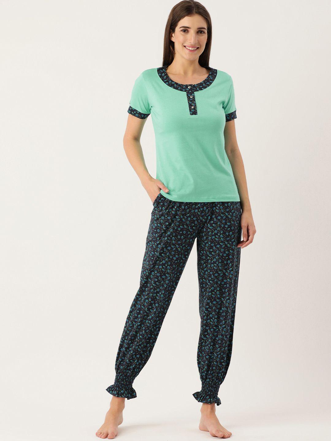 slumber jill women green & blue night suit