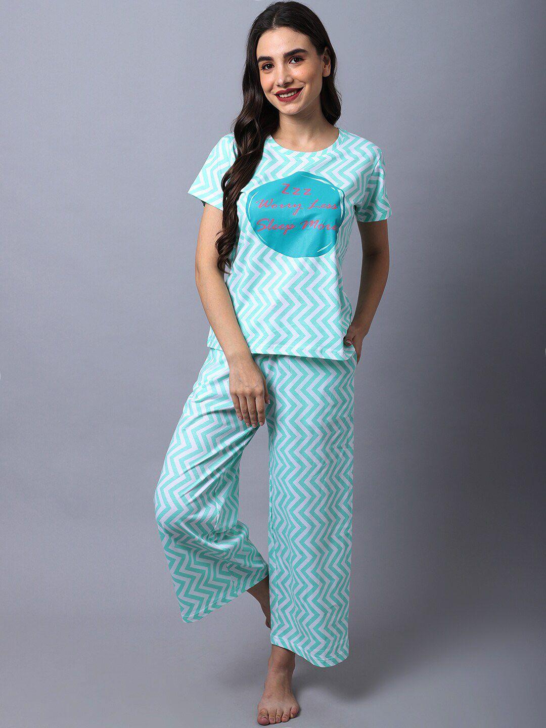 slumber jill women green & white printed night suit