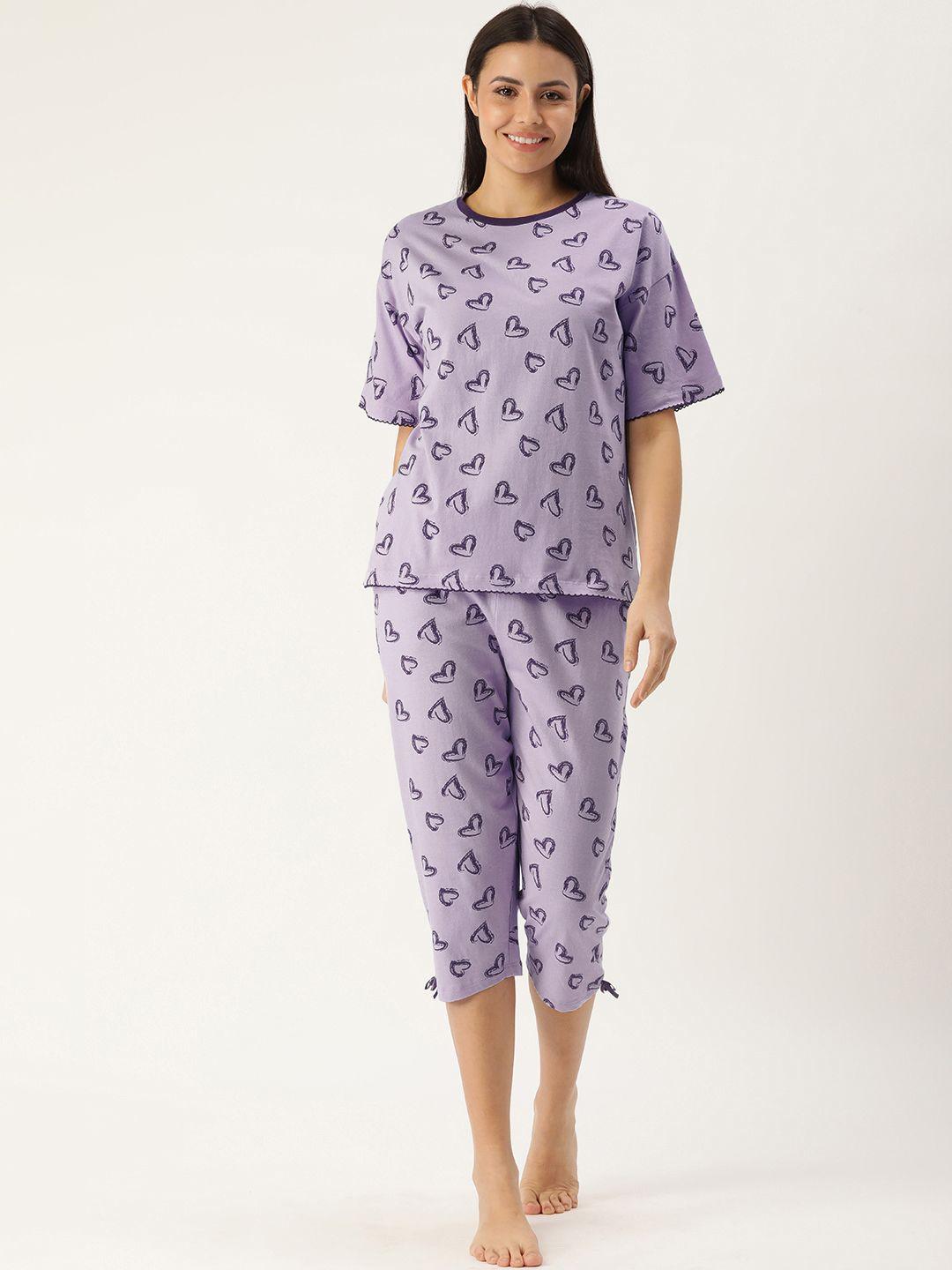 slumber jill women lavender & black conversational printed pure cotton night suit