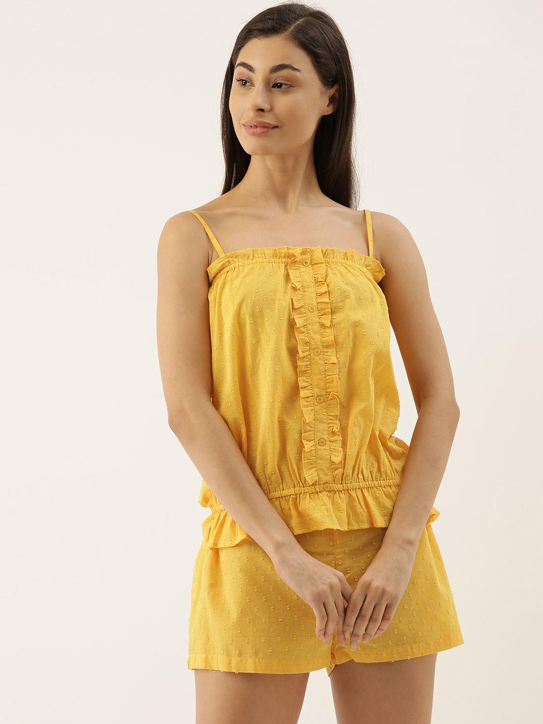 slumber jill women mustard yellow solid night suit