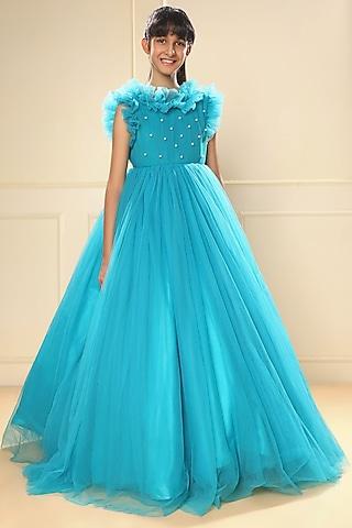 sly blue butterfly net pearl embellished ruffled gown for girls