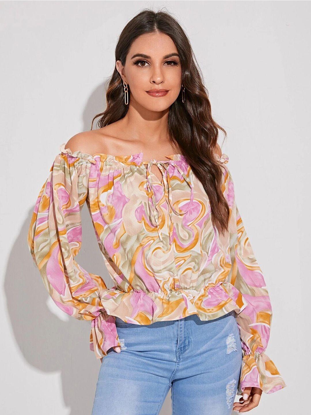 slyck abstract printed off-shoulder puff sleeve top