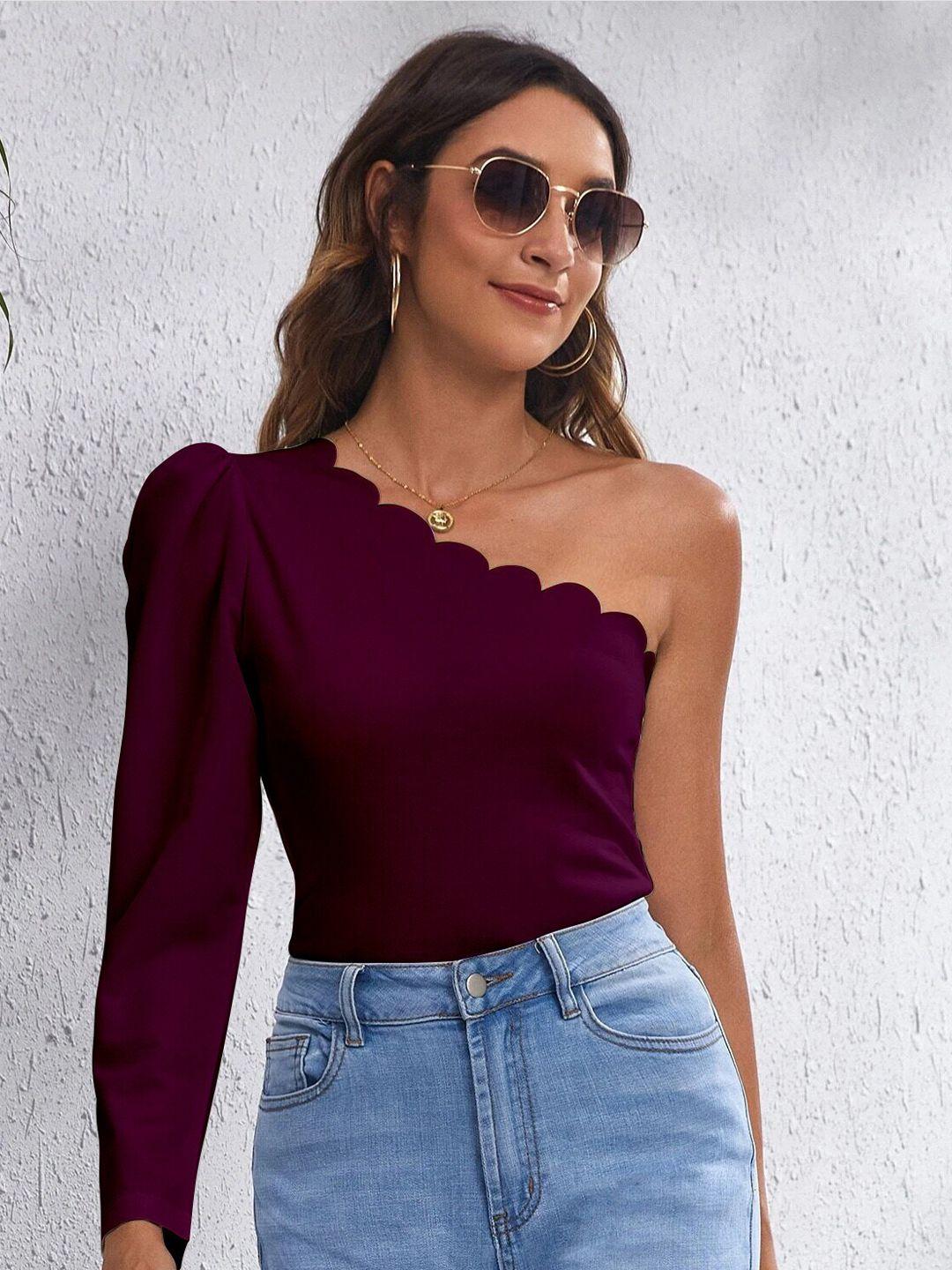slyck purple one shoulder puff sleeve long sleeves fitted top