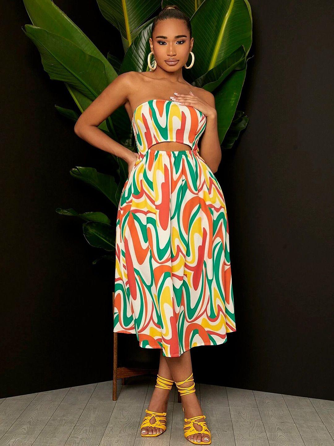 slyck abstract printed strapless sleeveless cut-outs a-line maxi dress