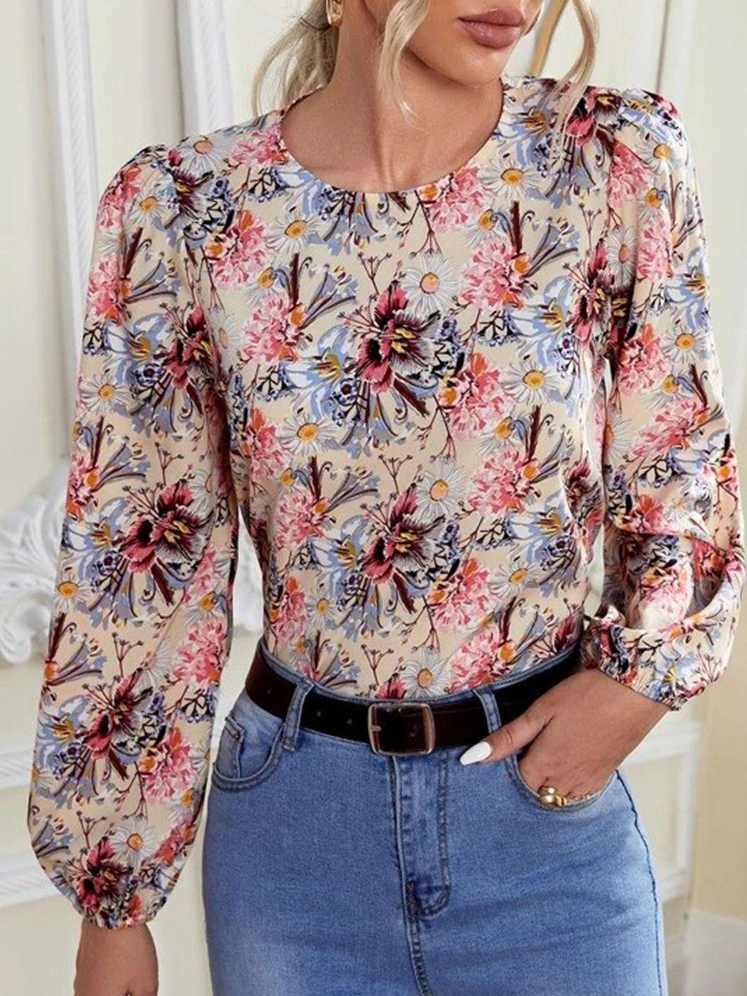 slyck beige floral print puff sleeve top