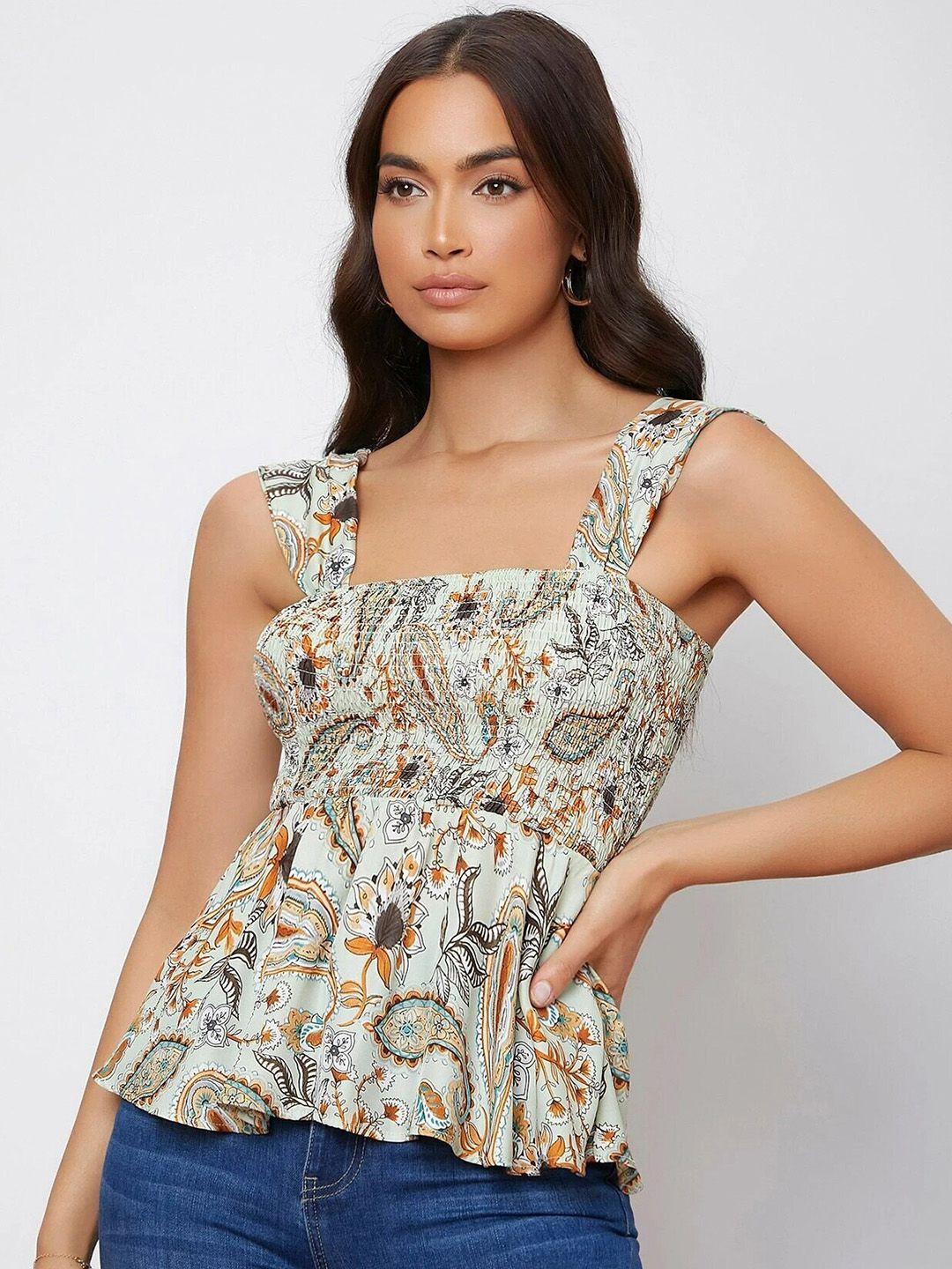 slyck ethnic motifs printed shoulder straps smocked top