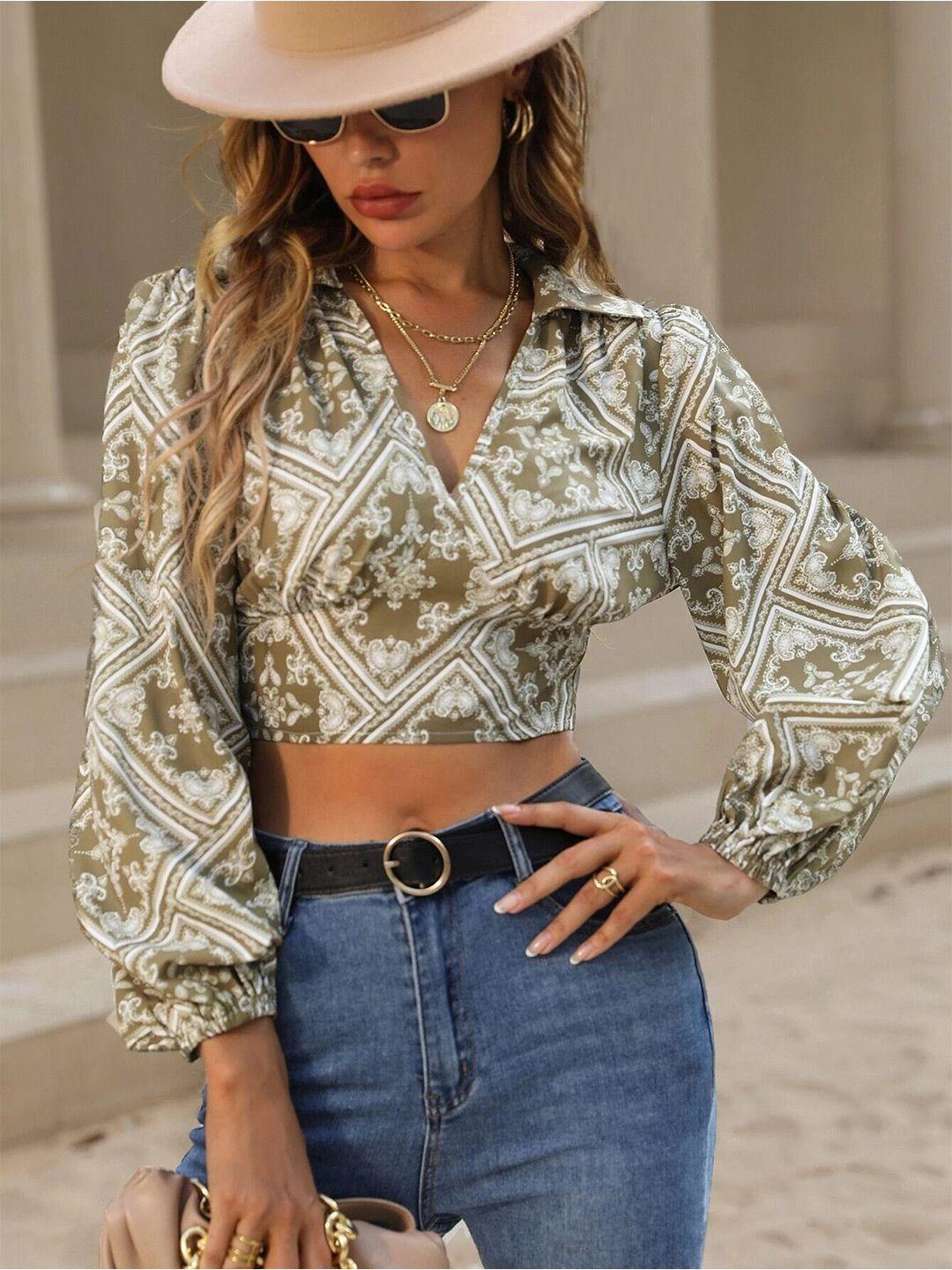 slyck ethnic printed puff sleeves smocked empire crop top