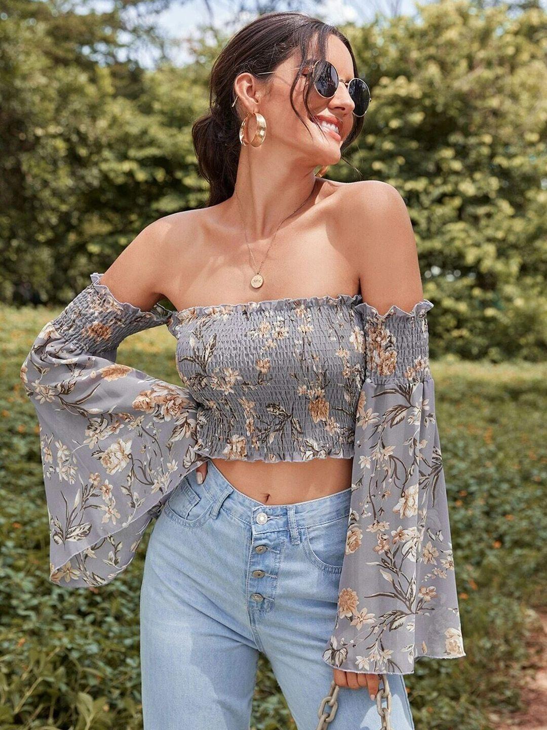 slyck floral printed off-shoulder flared sleeves smocked crop bardot top