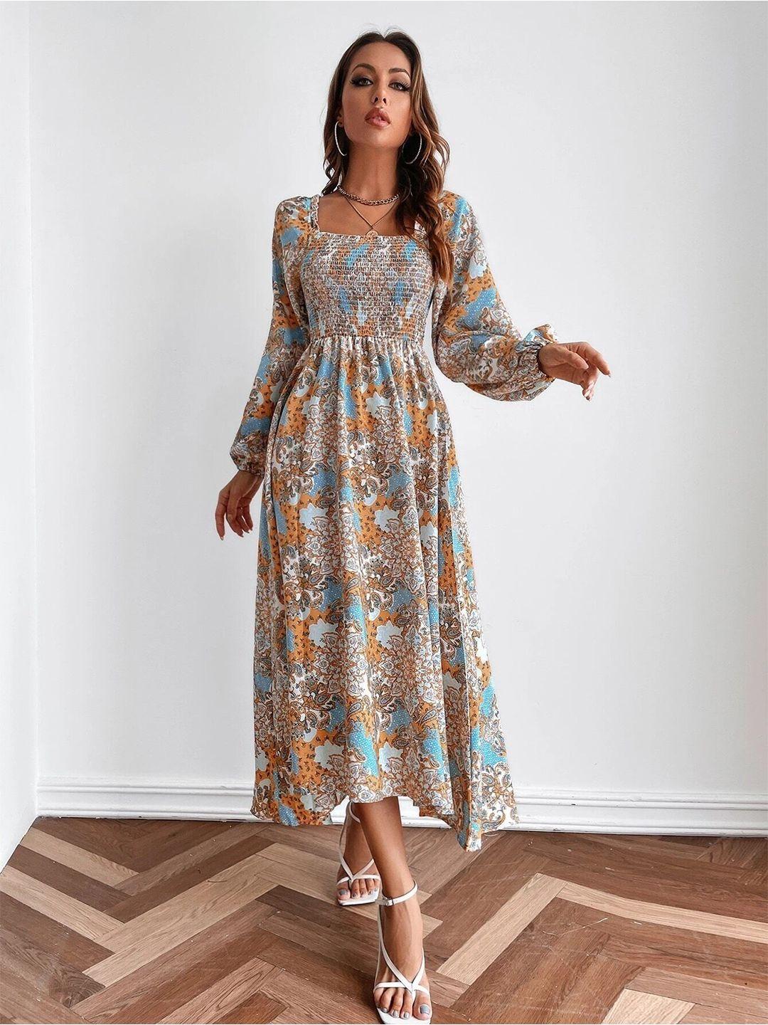 slyck floral printed puffed sleeves smocked fit and flare midi dress