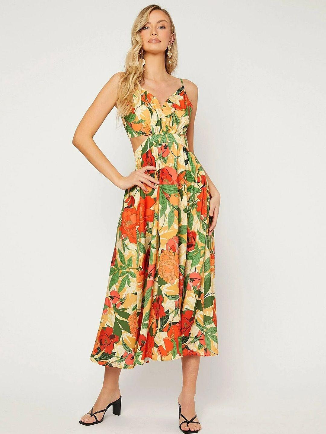 slyck floral printed shoulder straps cut-outs fit & flare midi dress