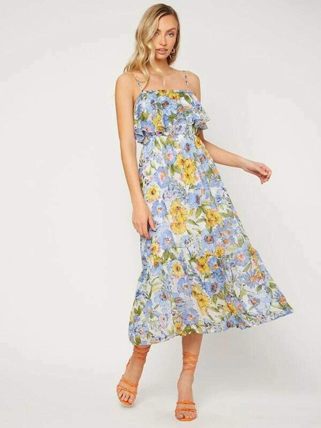 slyck floral printed shoulder straps ruffles fit & flare midi dress