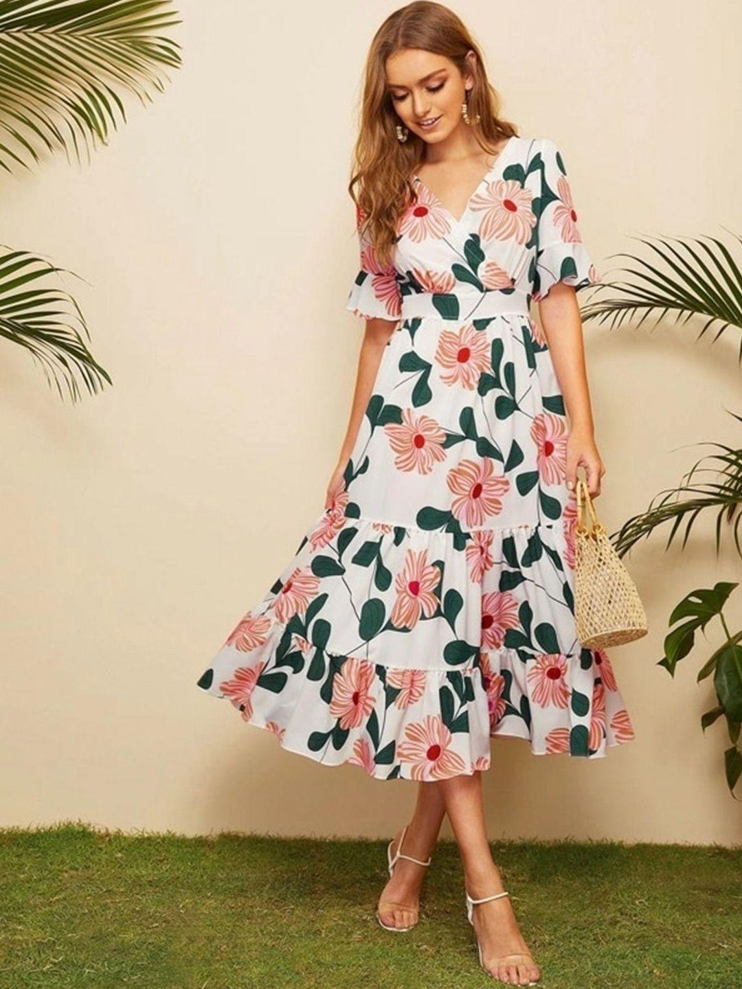 slyck floral printed v-neck a-line midi dress