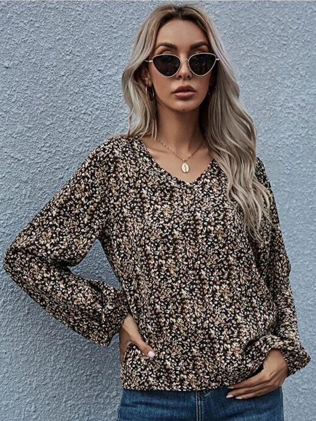 slyck floral printed v-neck cuffed sleeves top