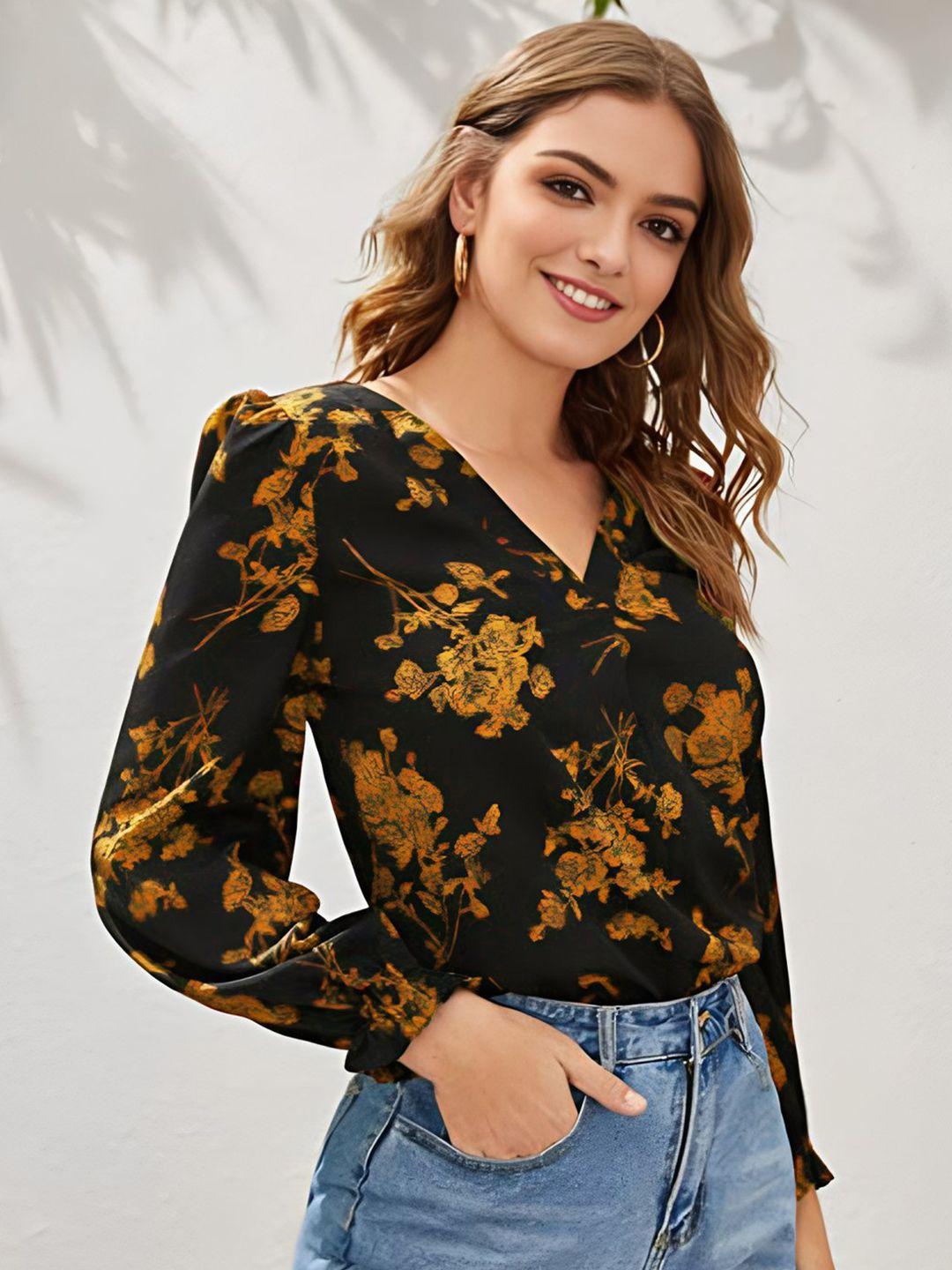 slyck floral printed v-neck puff sleeves regular top