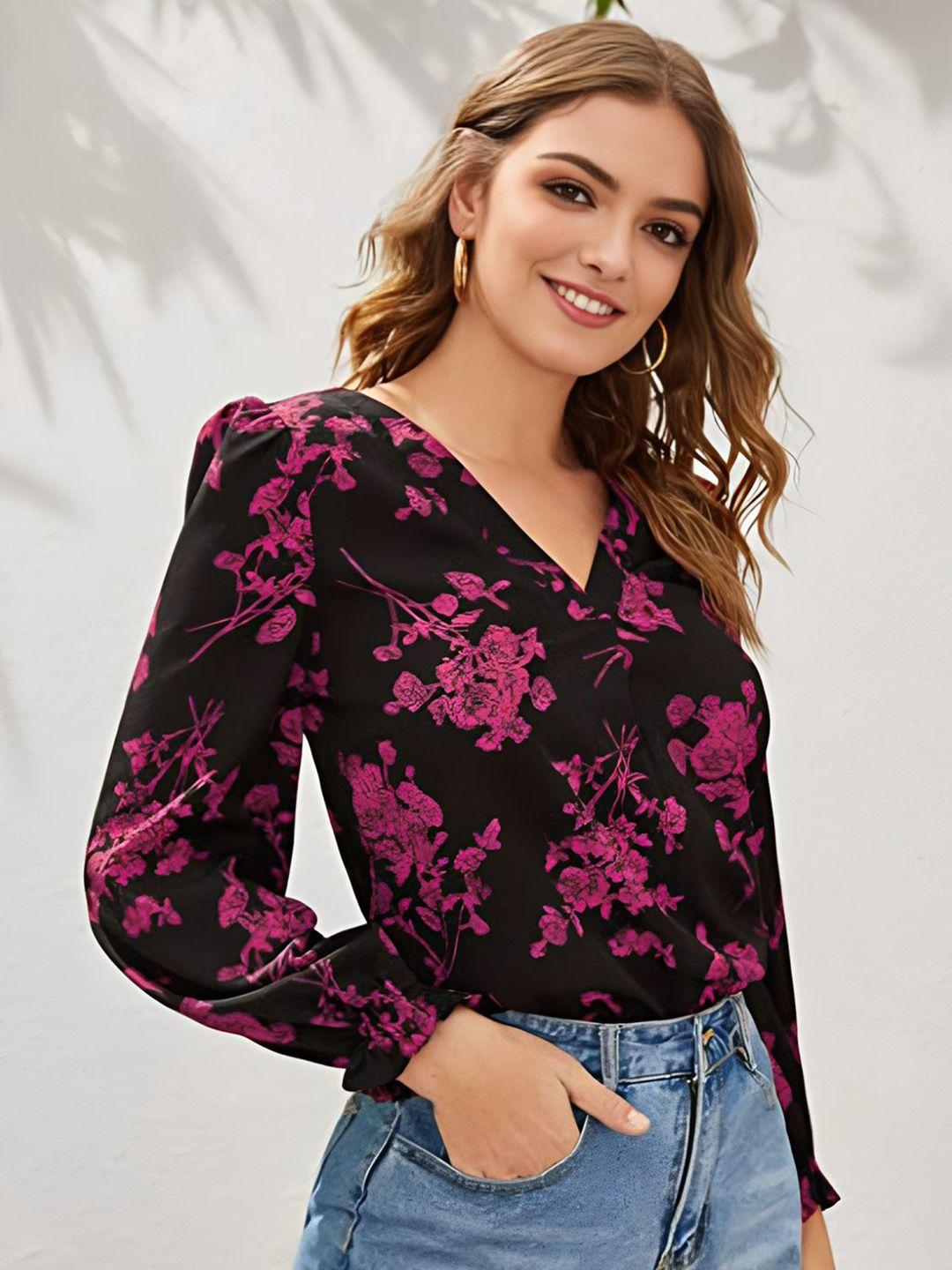 slyck floral printed v-neck puff sleeves regular top